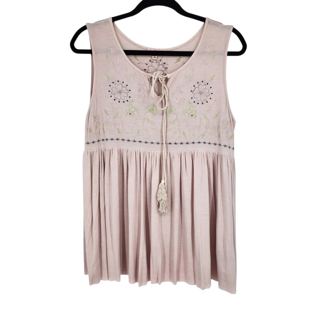 NWOT POL Blush Pink Floral Embroidered Tassel Tie Babydoll Tank Top Size Small